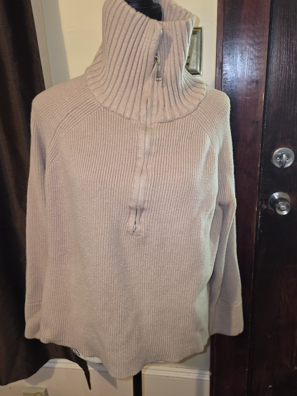 BTFBM women's ribbed knit quarter-zip turtleneck sweater-Taupe- Large